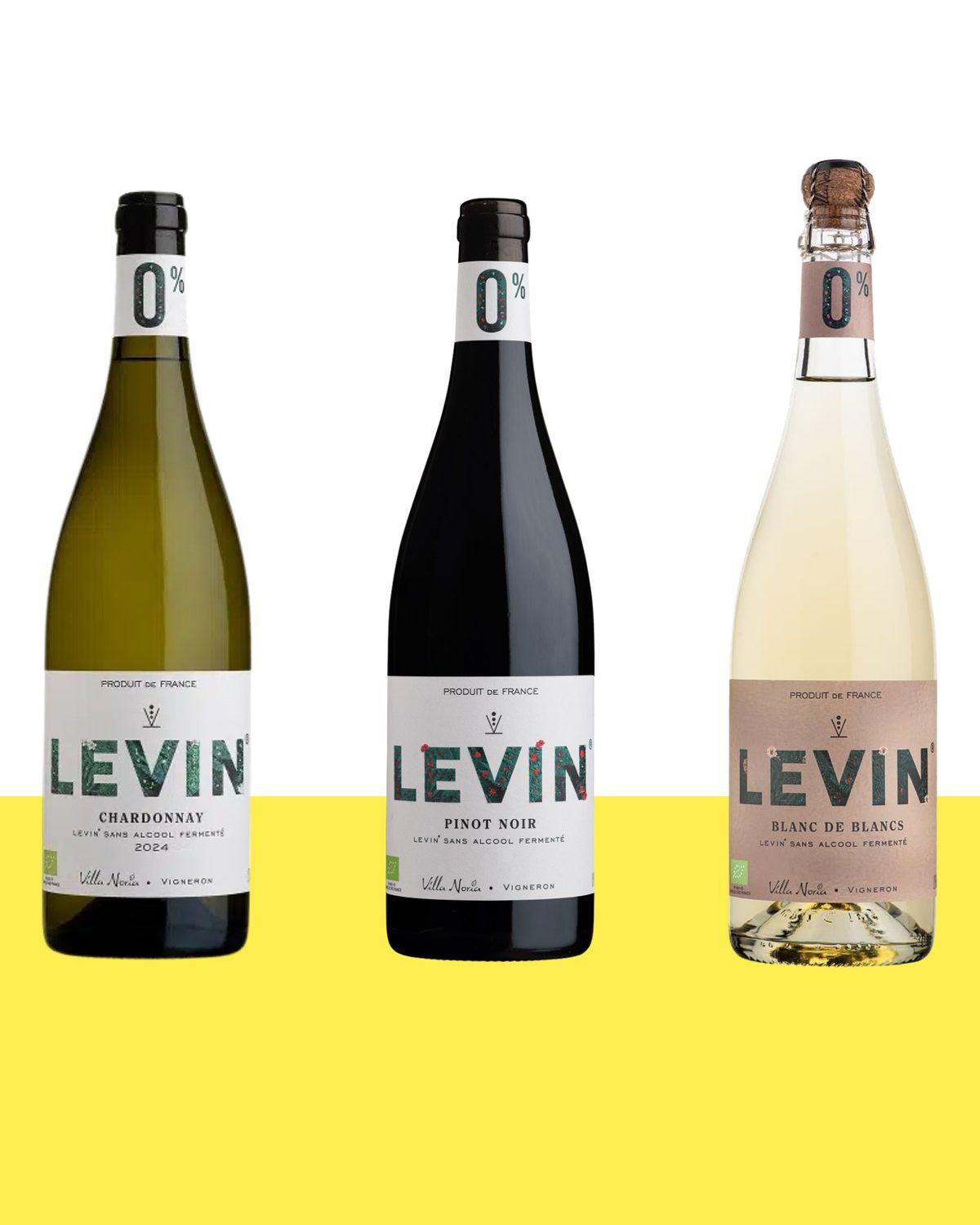 Le tre bottiglie Levin 0%: Chardonnay, Pinot Noir e Blanc de Blancs